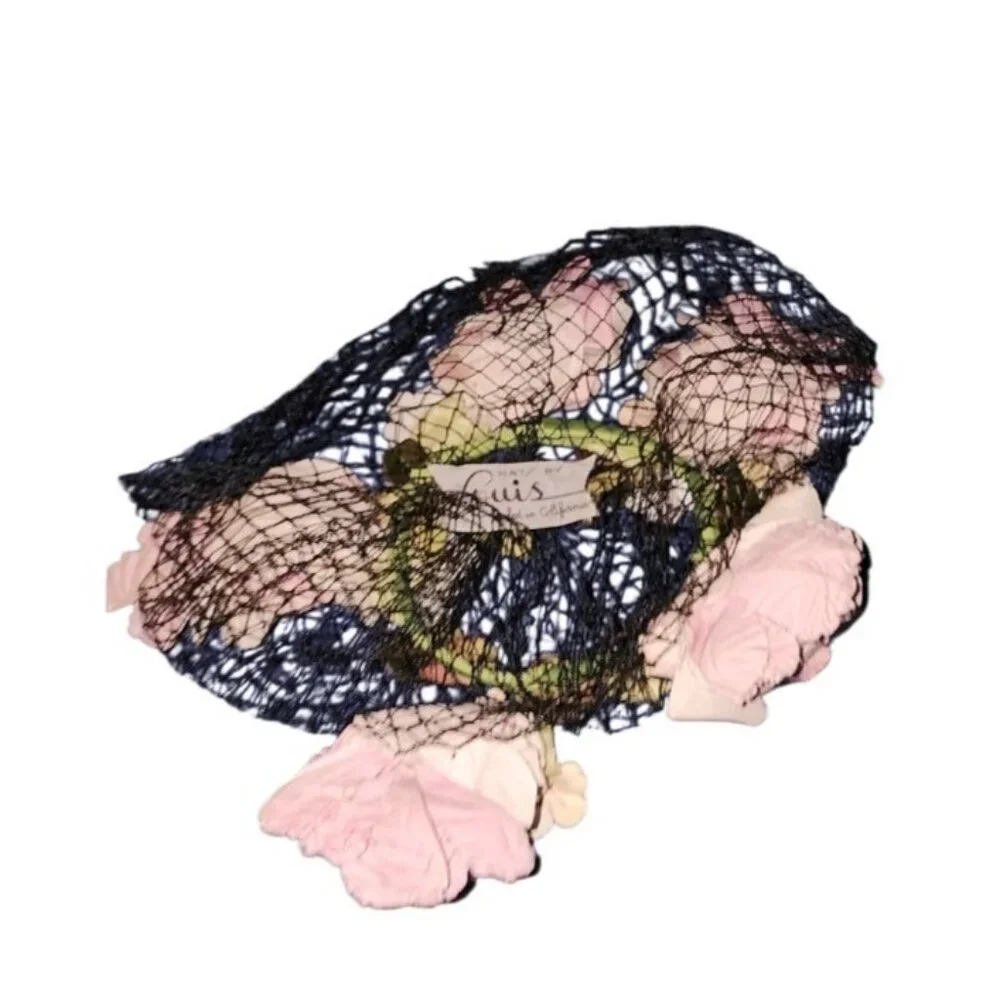 LOUIS Styled in California Vintage Floral Hat Black Net Pink Silk Roses